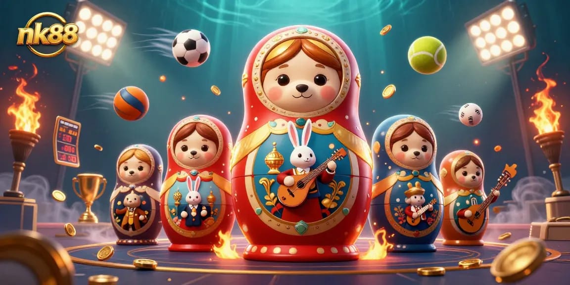 Experience nk88 with a rich 3D casino illustration featuring dynamic elements and lively characters.