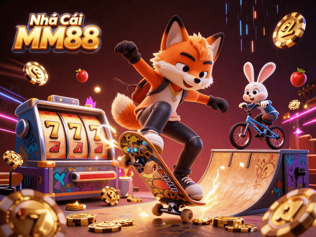 Bet excitingly at Nhà Cái MM88 with colorful slot reels and vibrant casino-themed elements.