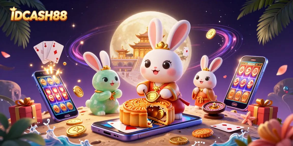 Engage with IDCASH88 as a 3D moon rabbit reveals poker chips amid vibrant slot game visuals.