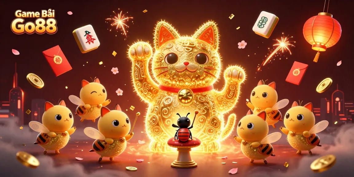 Experience Game Bài Go88 with a vibrant illustration of a lucky cat and casino symbols in motion.