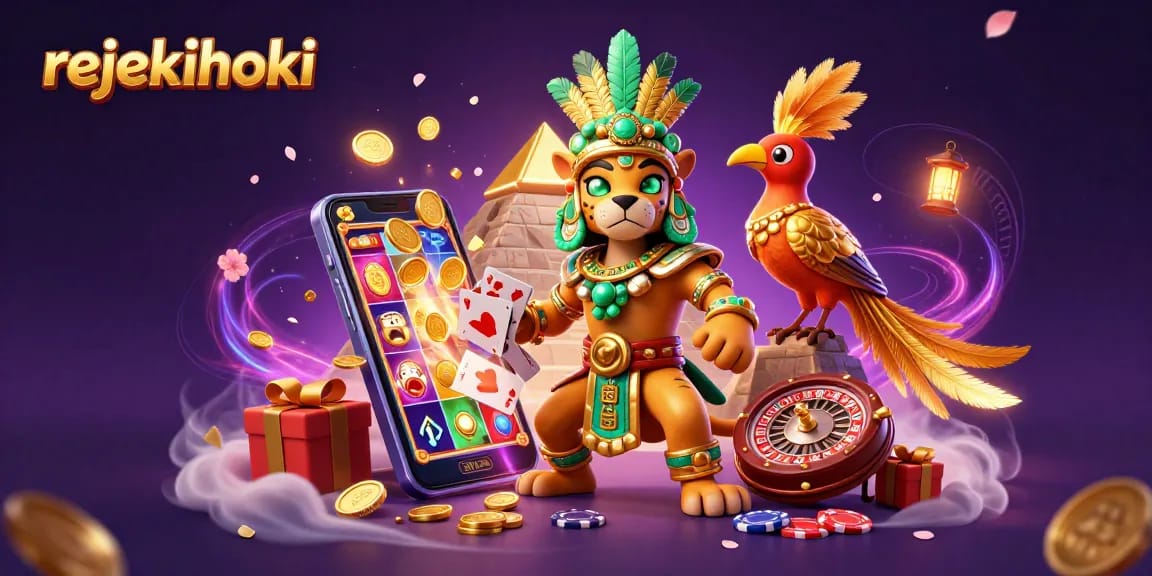 Experience the thrill of rejekihoki with a dynamic slot gaming scene featuring Mayan characters and exciting casino elements.