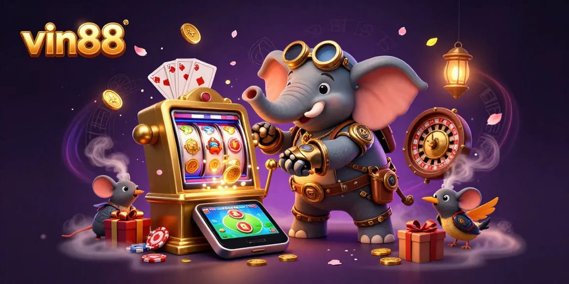 Spin the slot reels with vin88 while a steampunk elephant operates a golden machine.