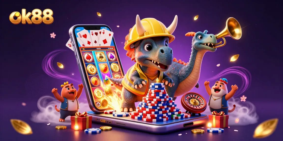 Celebrate wins with ok88 featuring cartoon dinosaurs building poker chip pyramids at a vibrant casino.