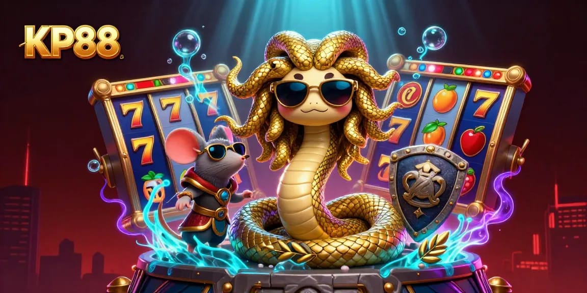 KP88 showcases a lively gaming scene with Medusa and vibrant slot machine elements.