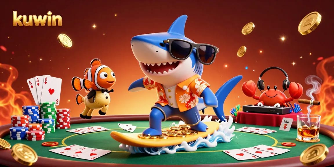 Kuwin showcases an exciting 3D casino scene with a shark surfing gold coins, bringing vibrant gambling energy to life.