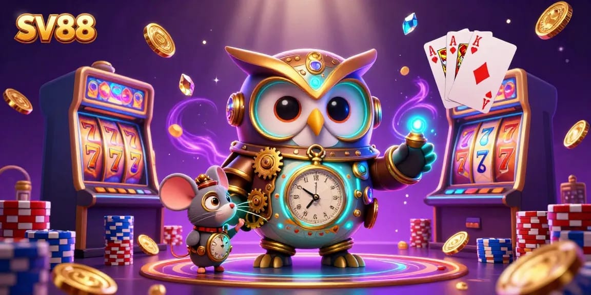Spin the reels and win big at SV88 with a vibrant casino scene filled with sparkling gems and golden coins.