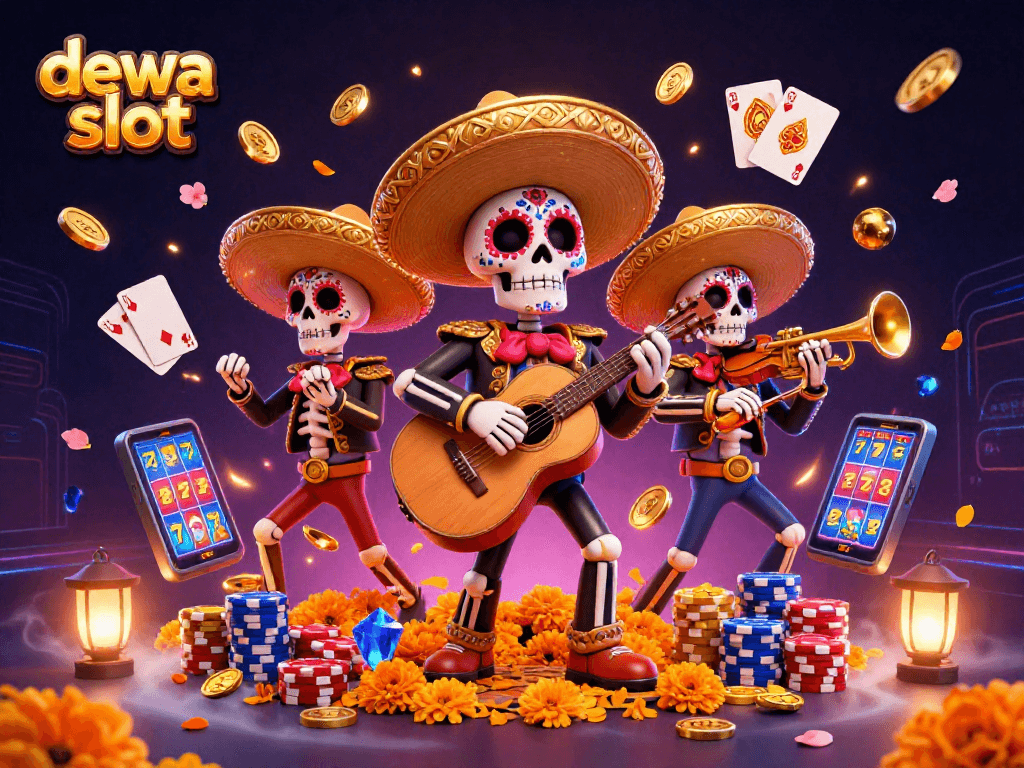 Engage with dewa slot as you immerse in vibrant casino action with colorful mariachi skeletons.