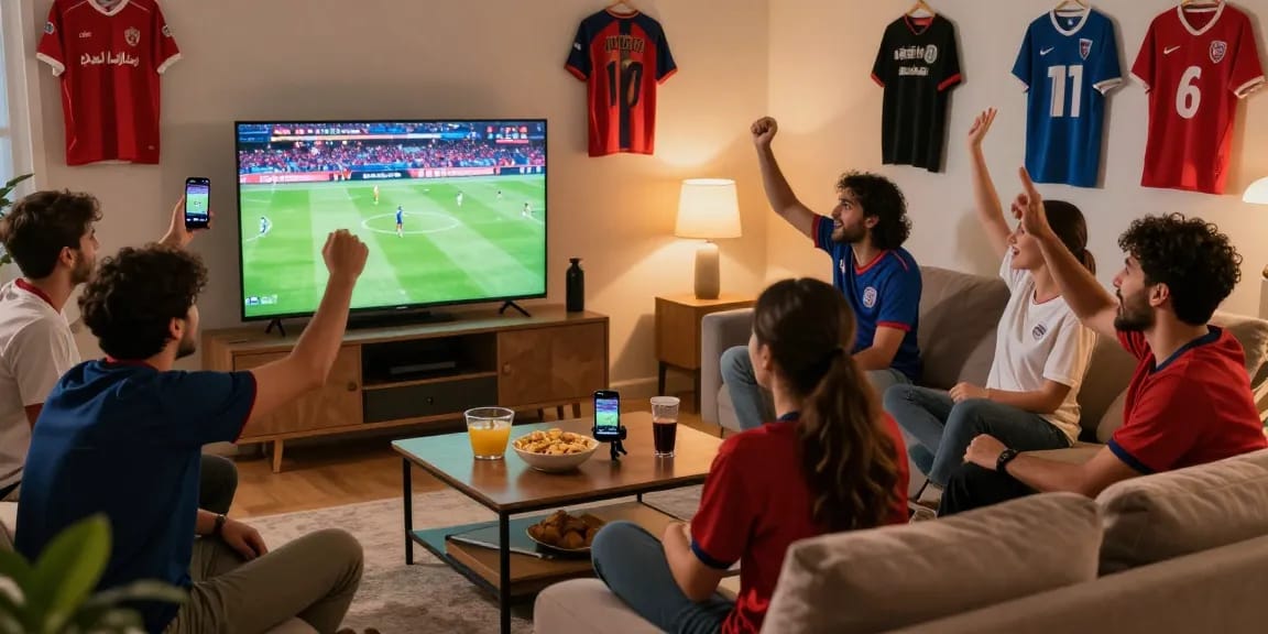 Fans celebrating مباريات اليوم in a lively living room, watching live football on a large screen with snacks and drinks.
