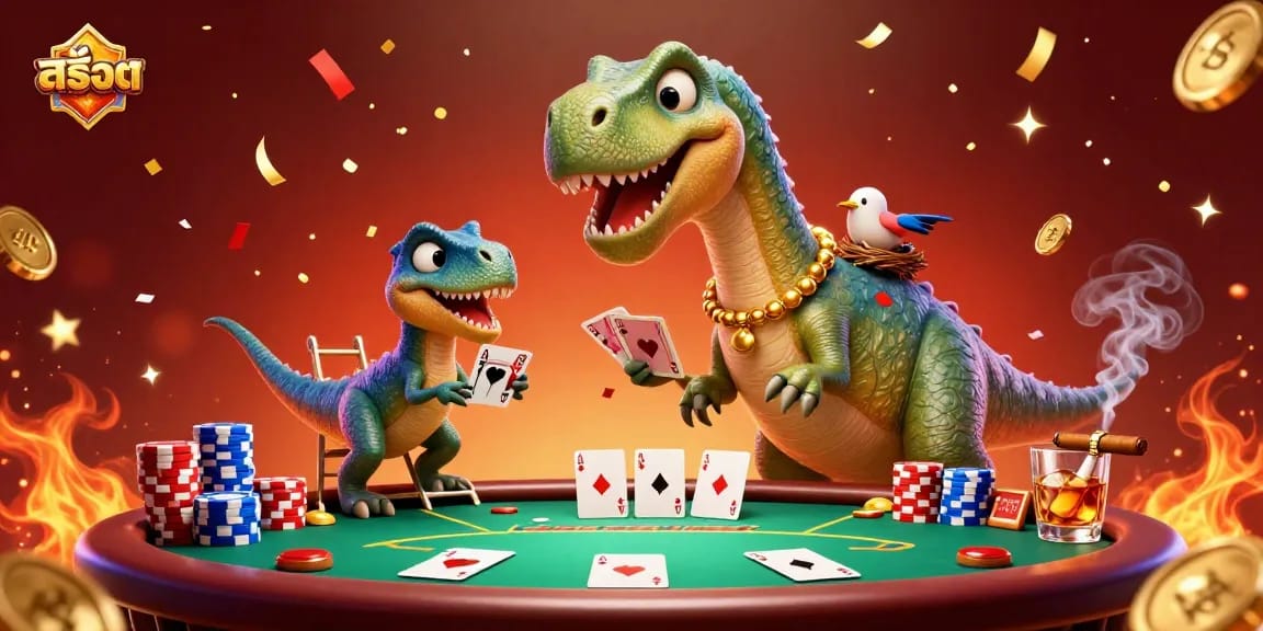 Engage with สล็อต elements in this vibrant casino scene featuring a brontosaurus and raptor dealer.
