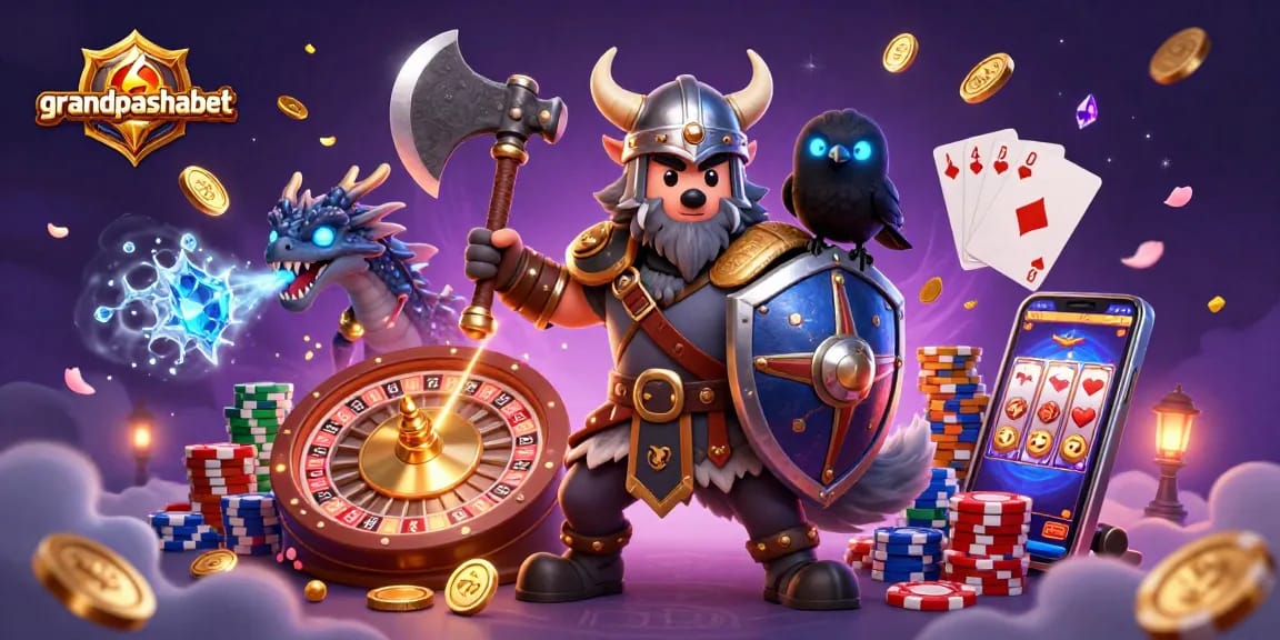 Experience thrilling gameplay with grandpashabet, featuring a Viking warrior and a fierce dragon in a casino setting.