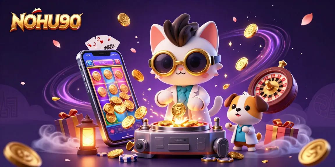 Engage with NOHU90's thrilling slot action featuring playful cartoon characters amidst vibrant gaming elements.