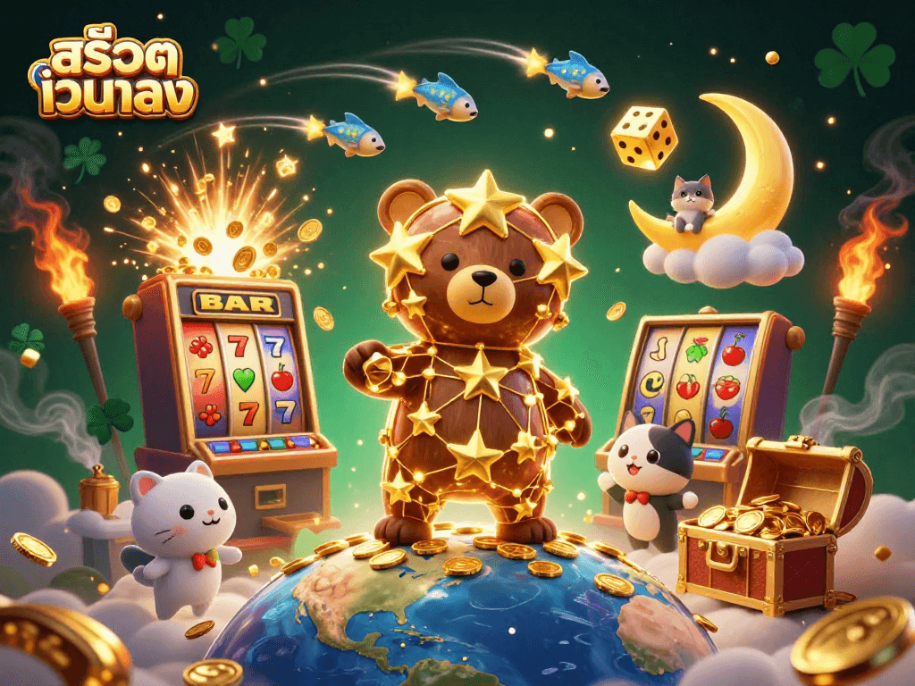 Engage with สล็อตเว็บตรง as the cartoon constellation bear scoops coins, surrounded by vibrant slot machine action.