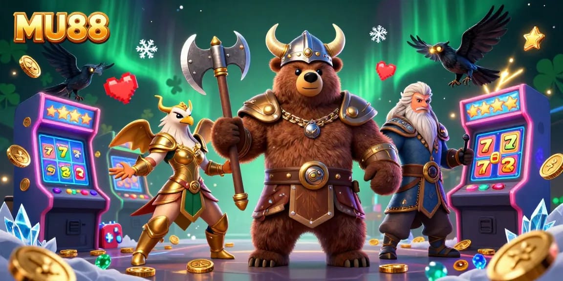Experience big wins with MU88's immersive casino scene featuring vibrant slot reels and engaging characters.