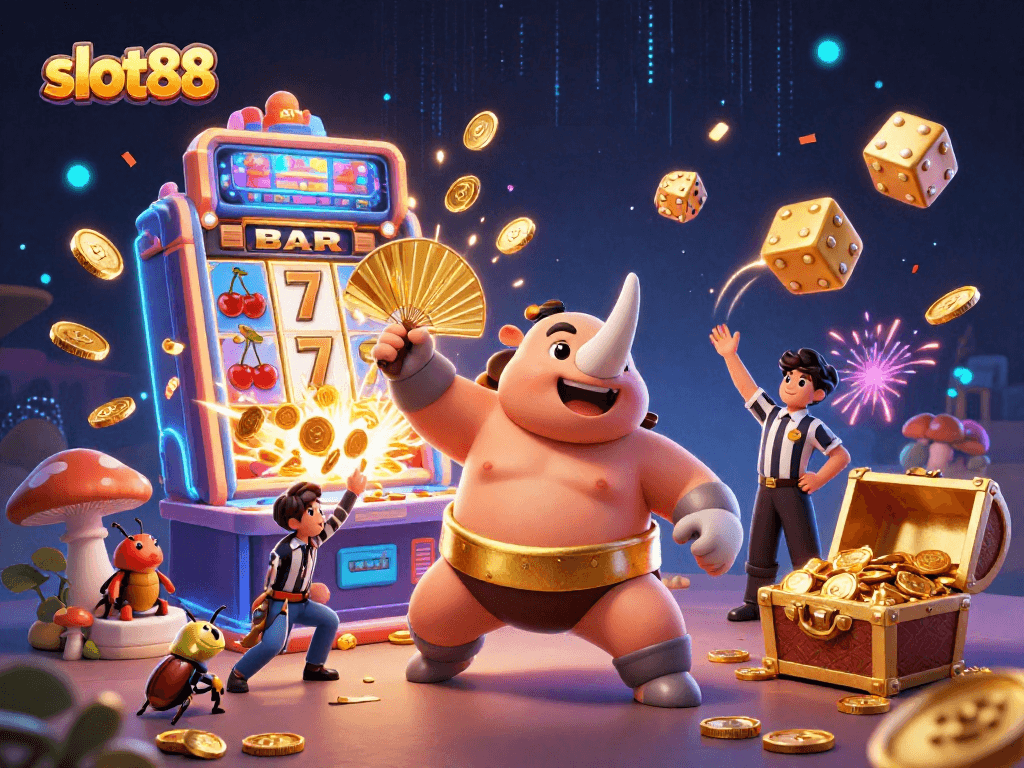 Experience winning excitement at slot88 with a dynamic 3D scene of jackpot thrills and colorful casino elements.