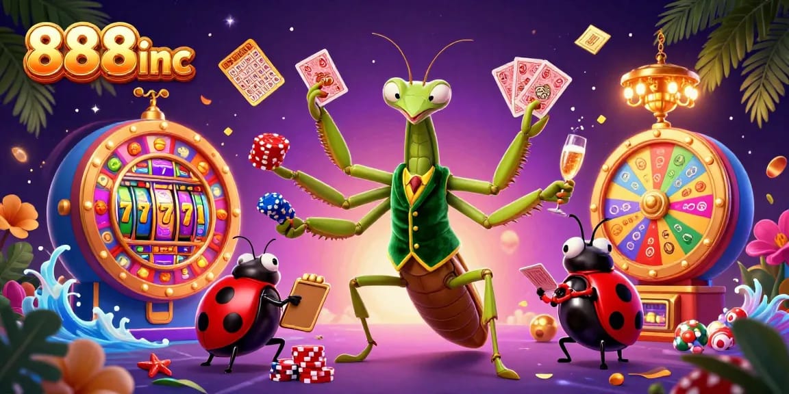 Engage in casino fun with 888inc featuring a giant praying mantis card sharp and ladybug pit boss.