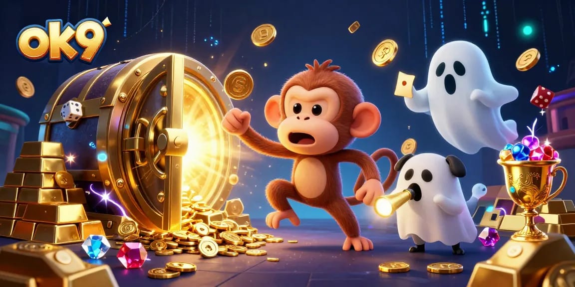 Engage in thrilling gaming at ok9's haunted casino, tracking the elusive golden-juggling poltergeist monkey.