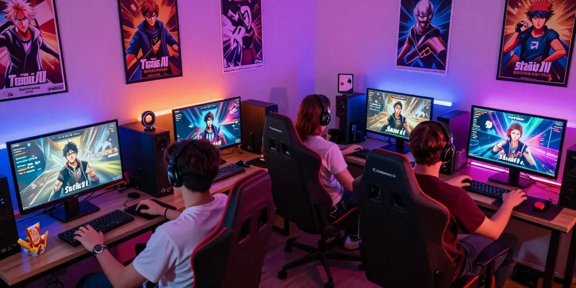 Players enjoying Status AI game in a cozy gaming lounge, showcasing vibrant fandom interactions and social media simulation.