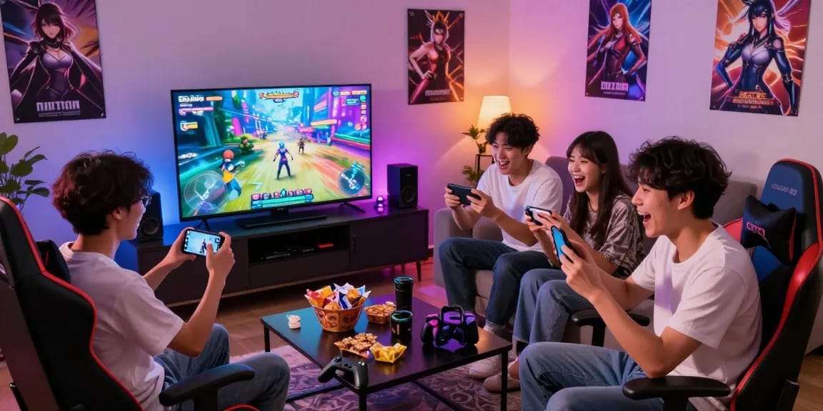 Friends enjoying a lively gaming session with an android hentai game in a cozy living room.
