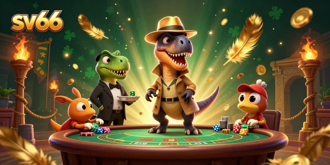 sv66 playful cartoon velociraptor attempting to blend in at a casino blackjack table, showcasing vibrant illustration.