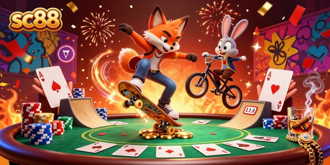 Experience dynamic winning moments at sc88's vibrant cartoon casino with engaging characters and colorful poker elements.
