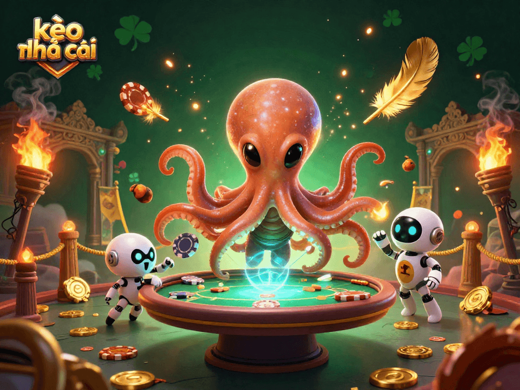 Engage in kèo nhà cái excitement with an alien octopus at a holographic poker table.