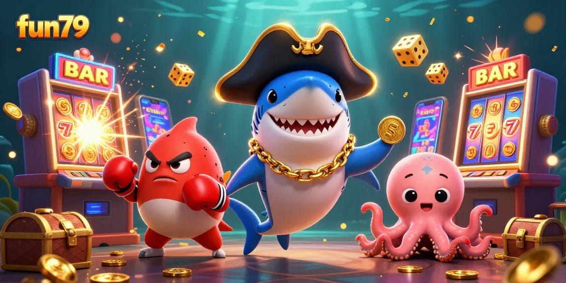 Enjoy thrilling gameplay with fun79 featuring a pirate shark, pufferfish, and octopus in a vibrant casino scene.