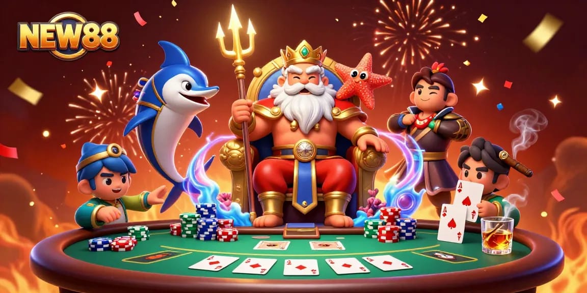 Experience thrilling poker with NEW88 featuring Neptune and his vibrant casino companions.