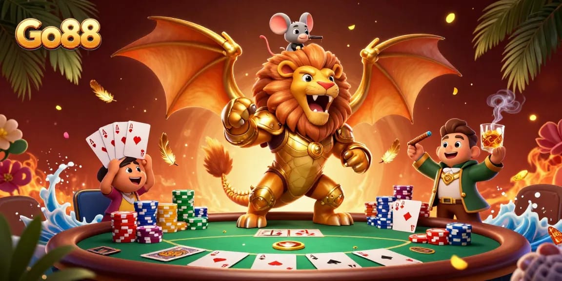 Win big at Go88 with a vibrant casino scene showcasing a triumphant chimera and poker elements.