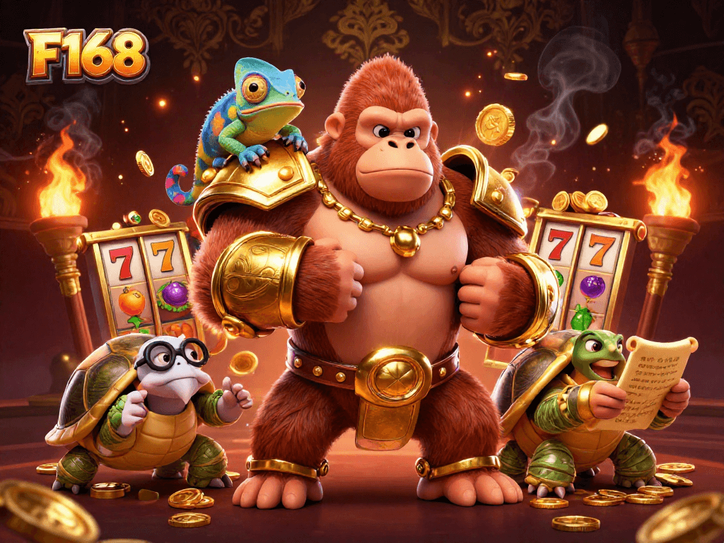 Experience the thrill of F168 with a dynamic casino scene featuring a powerful gorilla king!