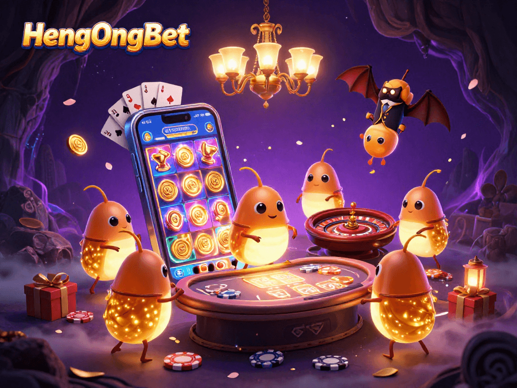 Experience the excitement of HengOngBet with vibrant glowworms lighting up a cave casino.