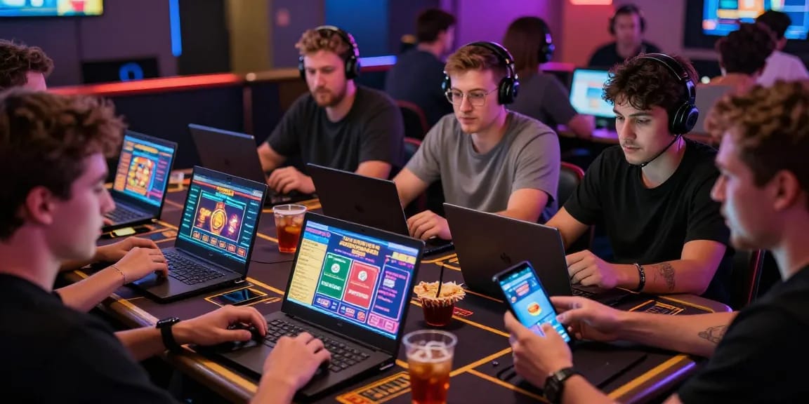 Enthusiastische Spieler an Non Gamstop-Seiten, die Casino-Spiele erleben, in lebhafter Atmosphäre mit Neonlichtern.