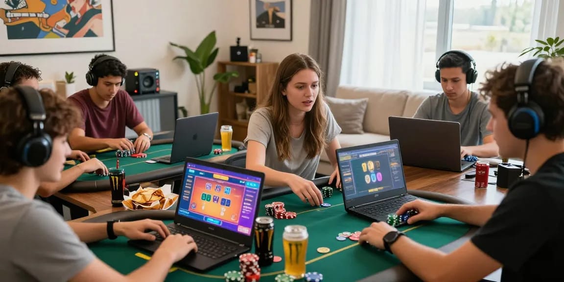 Engaged players at an online poker tournament, showcasing the excitement of Agen Poker Online and friendly competition.