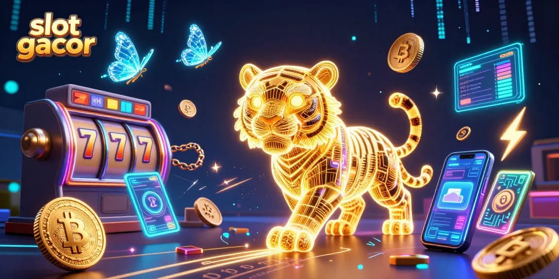 Engage with the vibrant slot gacor scene featuring a neon tiger amidst jackpot reels and crypto elements.