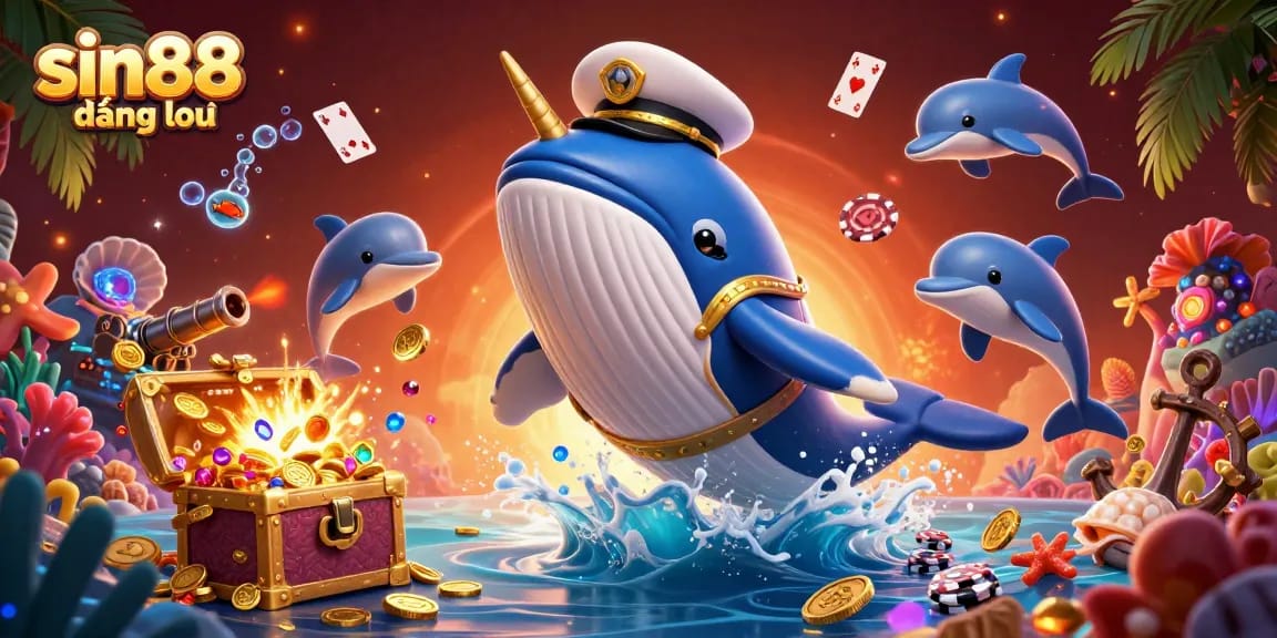Experience the thrill of sin88 đăng nhập with a vibrant underwater casino scene featuring whales and poker chips.