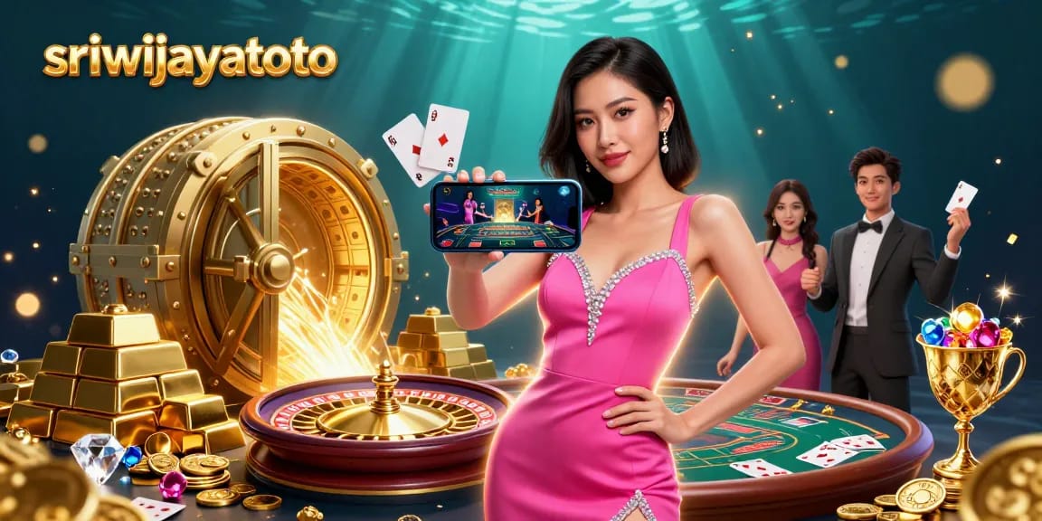 Play live dealer games on sriwijayatoto with a confident dealer showcasing a rich casino scene.