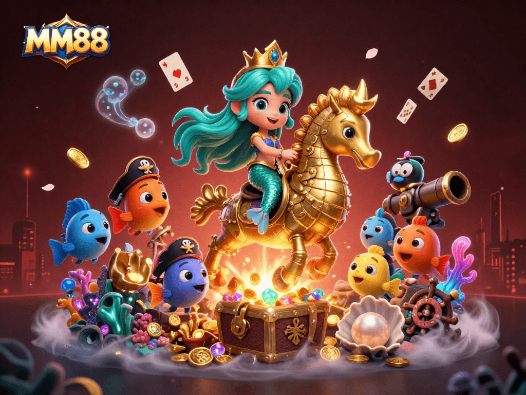 Engage with MM88's thrilling gaming realm featuring a cartoon mermaid princess and vibrant sea creatures.