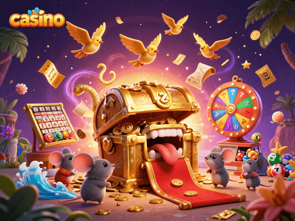 Spin the reels and catch golden treasures at a vibrant casino illustrated scene.