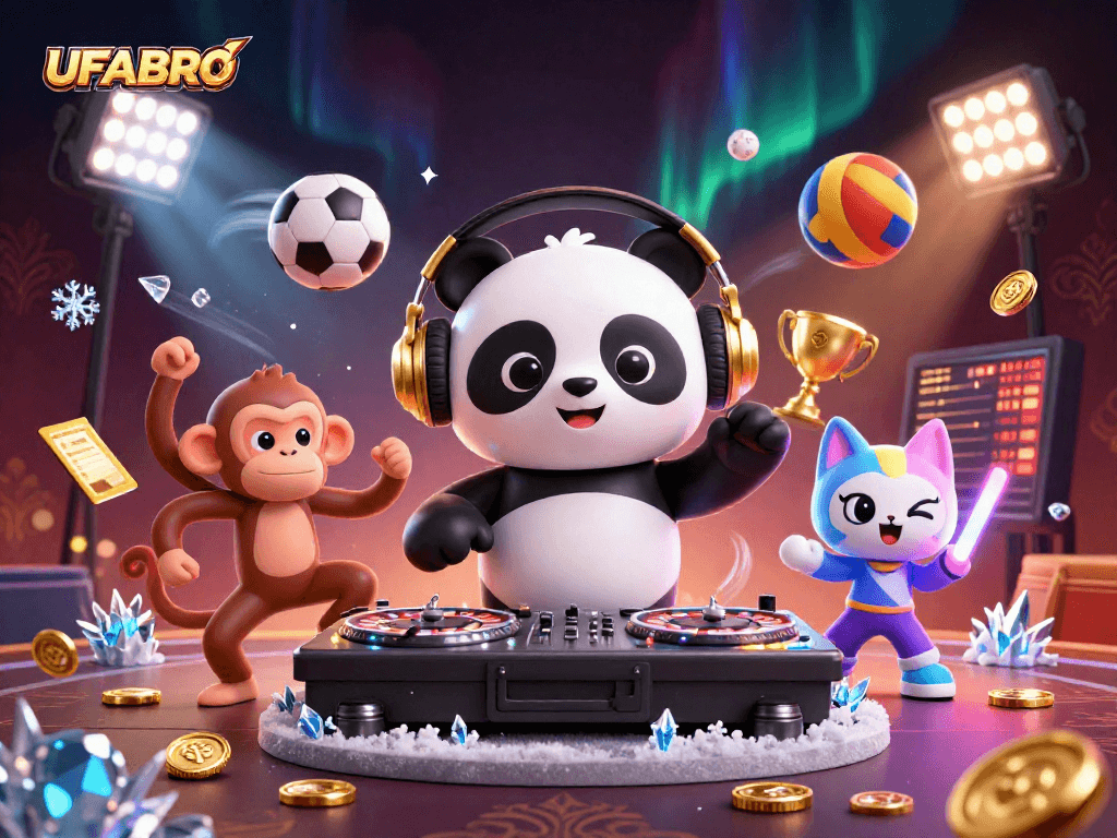 UFABRO entertains with a lively 3D scene featuring a DJ panda and dynamic sports elements.