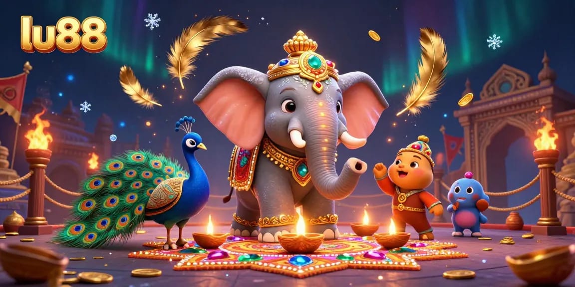 Experience the vibrant excitement of lu88 with a lively casino scene featuring an elephant and peacock.