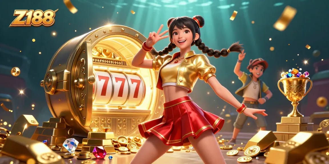 Engage with Z188's vibrant casino scene featuring thrilling slot games, colorful confetti, and rich treasures.