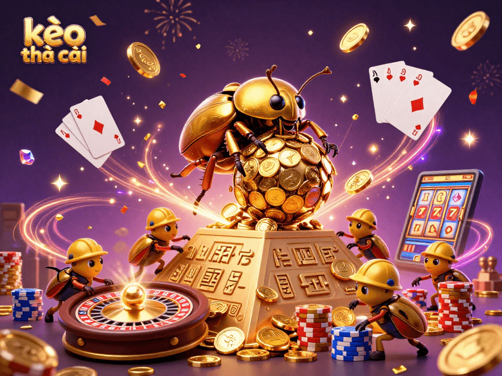 Engage with kèo nhà cái by observing a vibrant 3D scene with golden beetles and dynamic casino elements.