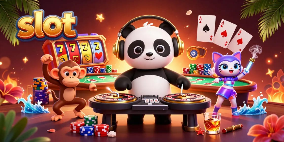 Spin vibrant slot reels while DJ panda and friends dance in this lively casino scene.