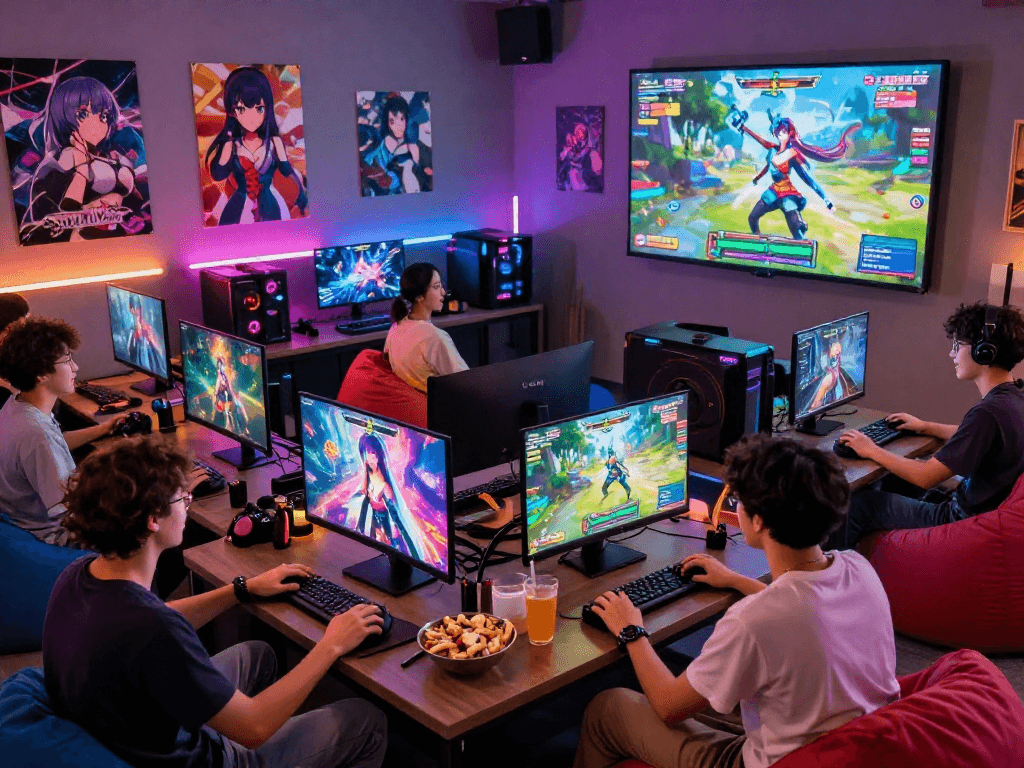 Group enjoying a hentai game session in a vibrant gaming lounge with snacks and neon lights.
