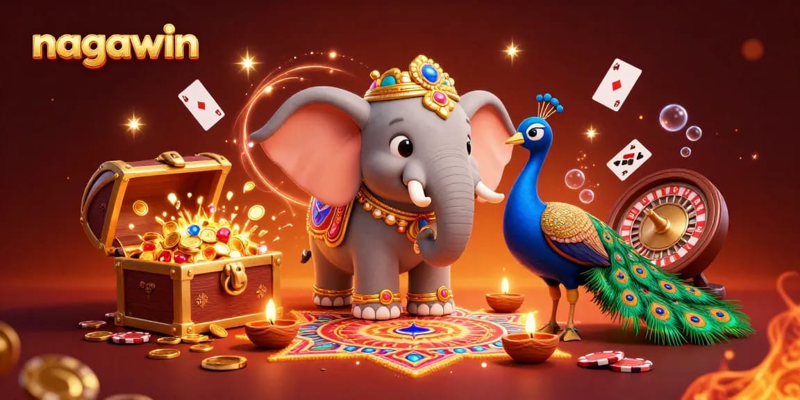 Experience vibrant fun with nagawin in a rich casino-themed 3D illustration featuring a festive elephant and peacock.