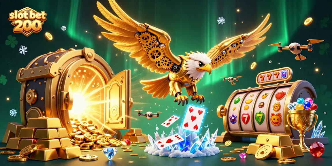 Spin to win with slot bet 200 as a golden eagle dives through holographic cards.