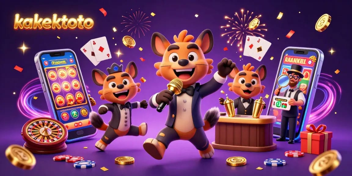Kakektoto hyenas perform comedy in a dynamic casino scene with vibrant slot games and celebratory elements.