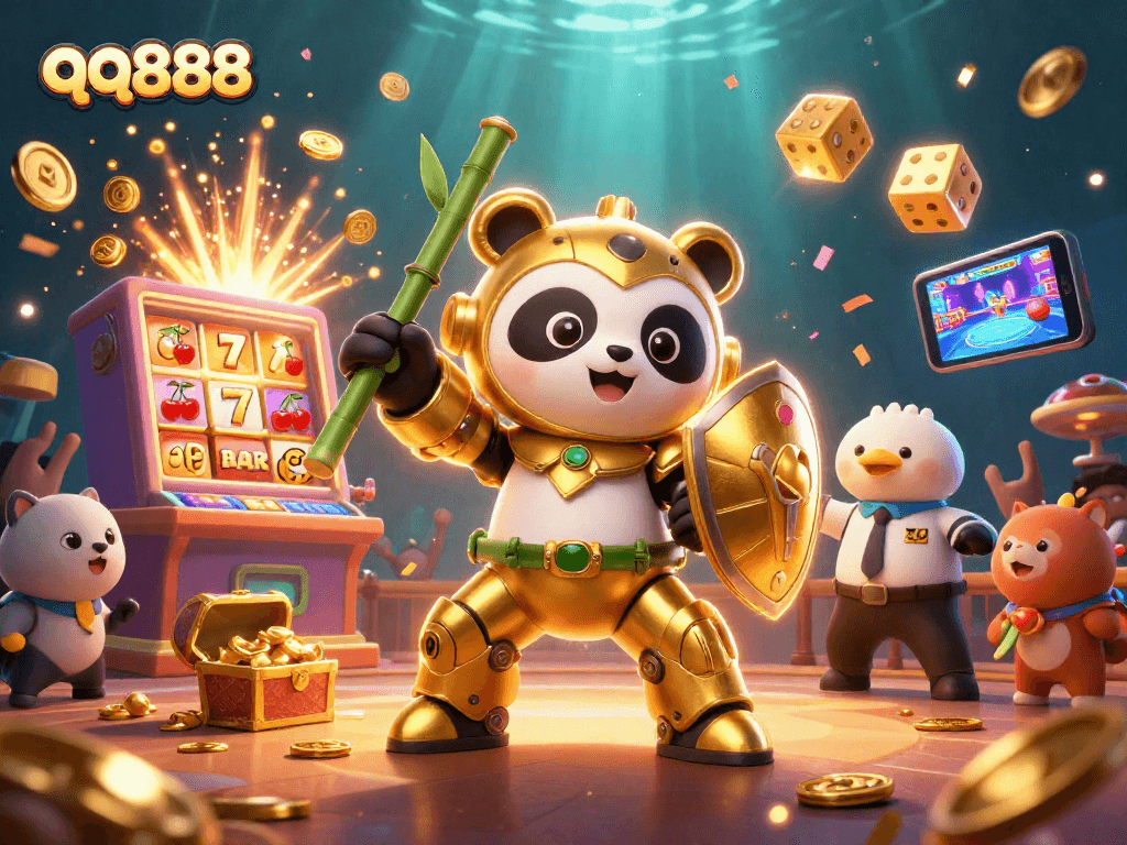 Witness the stunning qq888 casino scene where a golden panda battles amid a vibrant 3D slot explosion.