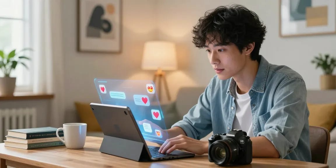 Young man interacting with his AI girlfriend in a cozy room, showcasing advanced technology and emotional connection.