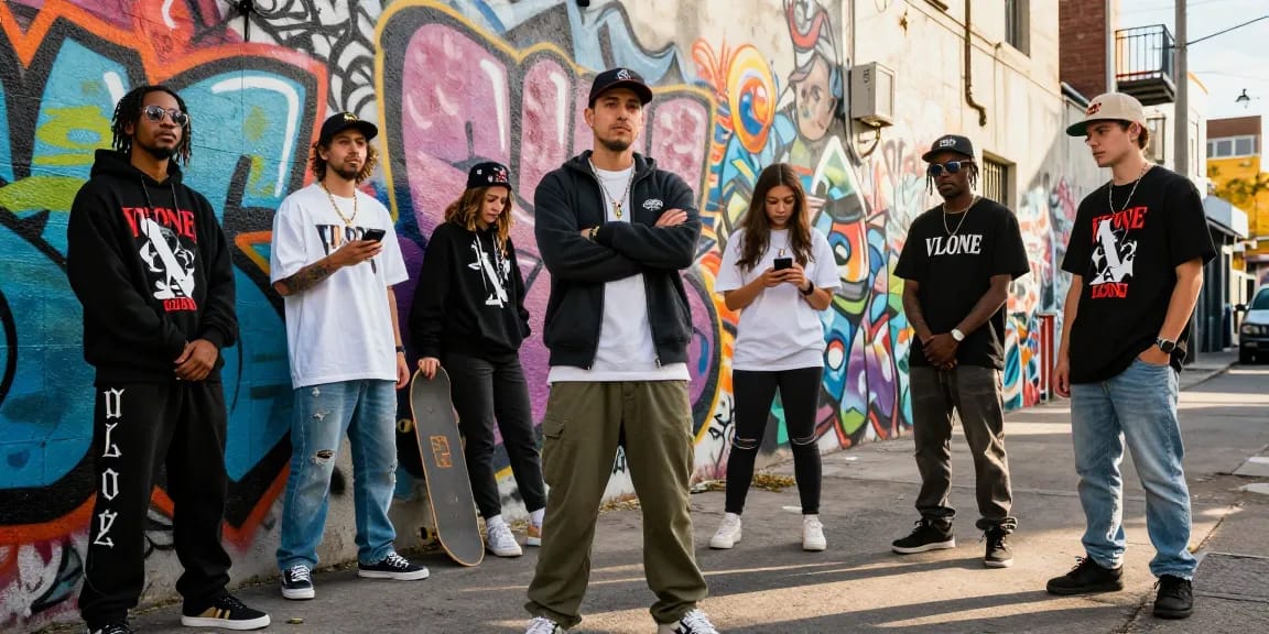 Discover the vibrant streetwear culture at vlone.co with stylish individuals showcasing bold outfits and urban flair.