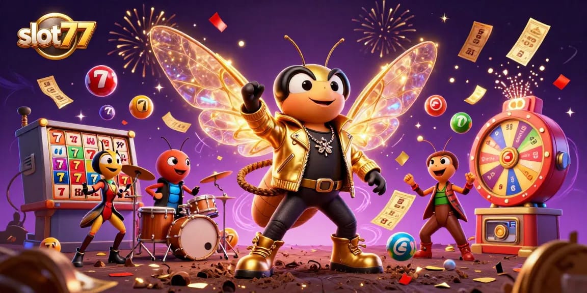 Spin, win, and play slot777 with vibrant visuals of a 3D cartoon cicada rock star and slot machines.
